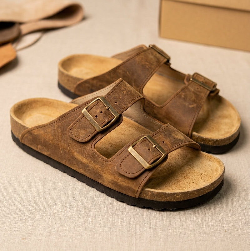 Ilakad Two-Strap ANTIQUE Cork Sandals -  Genuine Cow Leather Marikina Made Footwear Shoes